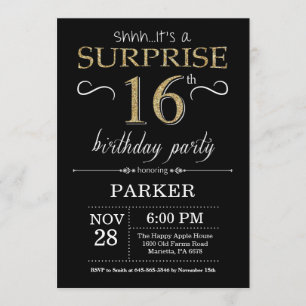 Surprise 16th Birthday Invitation Black and Gold Kaart