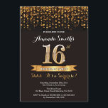 Surprise 16th Birthday Invitation Black and Gold Kaart<br><div class="desc">Verrassend 16e verjaardag uitnodiging. Zwart en goudglitter. Volwassenende Birthday Party nodigt uit. Vrouwen of Mannen Bday Bash. Voor verdere aanpassing,  te klikken gelieve de knoop "van de Aanpassing het"en ons ontwerphulpmiddel te gebruiken om deze sjabloon te wijzigen.</div>