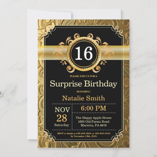 Surprise 16th Birthday Invitation Black and Gold Kaart (Voorkant)