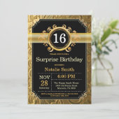 Surprise 16th Birthday Invitation Black and Gold Kaart (Staand voorkant)