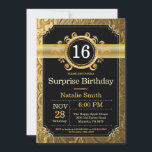 Surprise 16th Birthday Invitation Black and Gold Kaart<br><div class="desc">Verrassend 16e verjaardag Uitnodiging met zwarte en gouden achtergrond. Volwassen verjaardag. Mannelijke Mannen of vrouwen: Birthday. Kinder jongen of meisje Lady Teen Teenage Bday Invite. 13e 15e 16e 18e 21e 30e 40e 50e 60e 70e 80e 90e 100e. Elke leeftijd. Voor verdere aanpassing, te klikken gelieve de knoop "van de Aanpassing...</div>