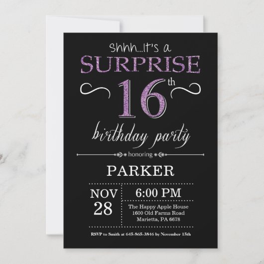 Surprise 16th Birthday Invitation Black and Paars Kaart (Voorkant)