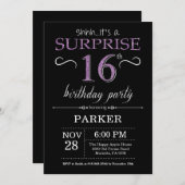 Surprise 16th Birthday Invitation Black and Paars Kaart (Voorkant / Achterkant)