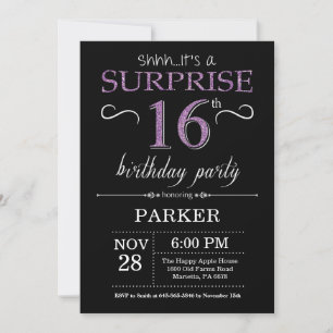 Surprise 16th Birthday Invitation Black and Paars Kaart