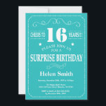 Surprise 16th Birthday Invitation Blauwgroen and W Kaart<br><div class="desc">Verrassend 16e verjaardag Uitnodiging Blauwgroen en Witte Typografie. Blauwgroen achtergrond. Kinderen van afgelopen dag. Mannelijke Mannen of vrouwen: Birthday. Kinder jongen of meisje Lady Teen Teenage Bday Invite. 13e 15e 16e 18e 21e 30e 40e 50e 60e 70e 80e 90e 100e. Elke leeftijd. Voor verdere aanpassing, te klikken gelieve de knoop...</div>