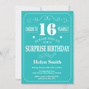 Surprise 16th Birthday Invitation Blauwgroen and W Kaart
