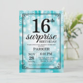 Surprise 16th Birthday Invitation Blauwgroen Glitt Kaart (Staand voorkant)