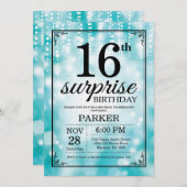 Surprise 16th Birthday Invitation Blauwgroen Glitt Kaart (Voorkant / Achterkant)