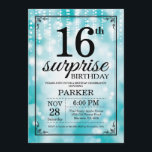Surprise 16th Birthday Invitation Blauwgroen Glitt Kaart<br><div class="desc">Verras 16e verjaardagsuitnodiging met Blauwgroen strijklichten met Blauwgroen glitterachtergrond. Blauwgroen verjaardag. Verjaardag van de kinderen. Jongen of Meisje Bday Uitnodigen. 13e 15e 16e 18e 20e 21e 30e 40e 50e 60e 70e 80e 90e 100e, elke leeftijd. Voor verdere aanpassing klikt u op de knop "Aanpassen" en gebruikt u onze ontwerptool om...</div>