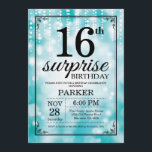 Surprise 16th Birthday Invitation Blauwgroen Glitt Kaart<br><div class="desc">Verras 16e verjaardagsuitnodiging met Blauwgroen strijklichten met Blauwgroen glitterachtergrond. Blauwgroen verjaardag. Verjaardag van de kinderen. Jongen of Meisje Bday Uitnodigen. 13e 15e 16e 18e 20e 21e 30e 40e 50e 60e 70e 80e 90e 100e, elke leeftijd. Voor verdere aanpassing klikt u op de knop "Aanpassen" en gebruikt u onze ontwerptool om...</div>