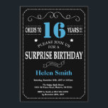Surprise 16th Birthday Invitation Blue and Black Kaart<br><div class="desc">Verrassend 16e verjaardag Uitnodiging blauw en Zwarte Typografie. Chalkboard. Zwart-witte achtergrond. Kinderen van afgelopen dag. Mannelijke Mannen of vrouwen: Birthday. Kinder jongen of meisje Lady Teen Teenage Bday Invite. 13e 15e 16e 18e 21e 30e 40e 50e 60e 70e 80e 90e 100e. Elke leeftijd. Voor verdere aanpassing, te klikken gelieve de...</div>