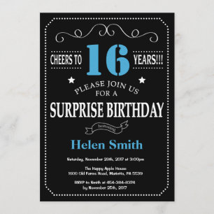 Surprise 16th Birthday Invitation Blue and Black Kaart