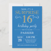 Surprise 16th Birthday Invitation Blue and Gold Kaart (Voorkant)