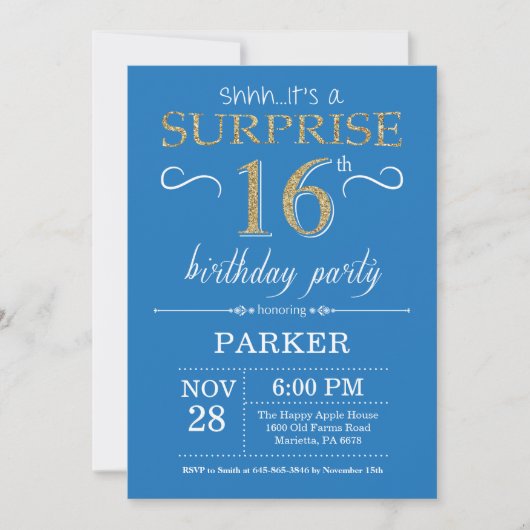 Surprise 16th Birthday Invitation Blue and Gold Kaart (Voorkant)