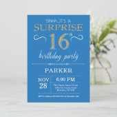 Surprise 16th Birthday Invitation Blue and Gold Kaart (Staand voorkant)