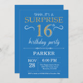 Surprise 16th Birthday Invitation Blue and Gold Kaart (Voorkant / Achterkant)