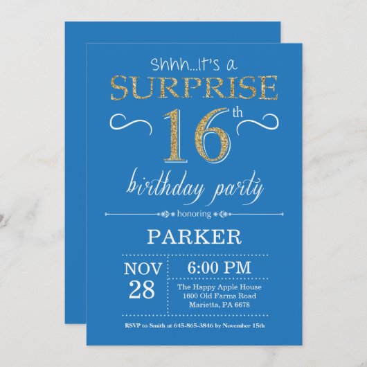 Surprise 16th Birthday Invitation Blue and Gold Kaart (Voorkant / Achterkant)