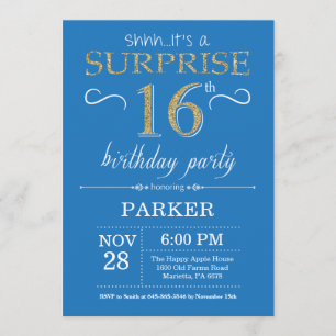 Surprise 16th Birthday Invitation Blue and Gold Kaart