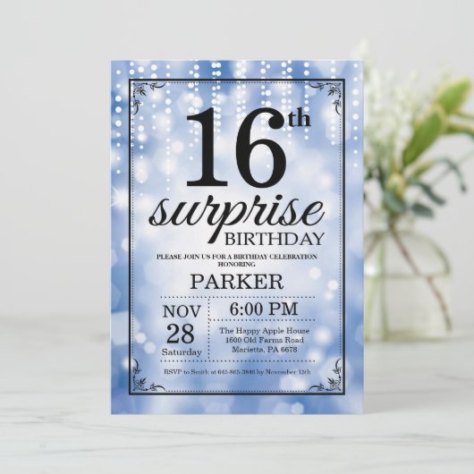 Surprise 16th Birthday Invitation Blue Glitter Kaart (Staand voorkant)