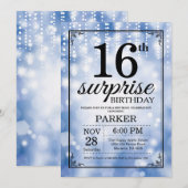 Surprise 16th Birthday Invitation Blue Glitter Kaart (Voorkant / Achterkant)