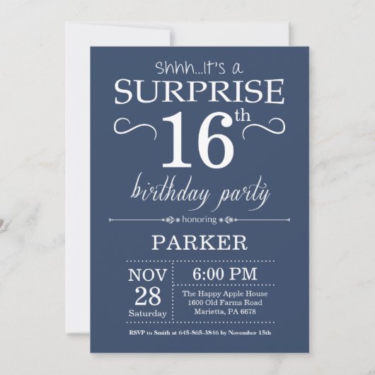 Surprise 16th Birthday Invitation Blue Kaart (Voorkant)