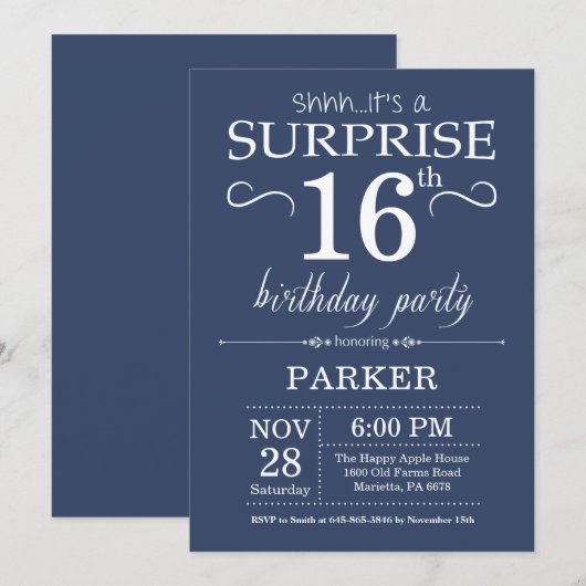 Surprise 16th Birthday Invitation Blue Kaart (Voorkant / Achterkant)