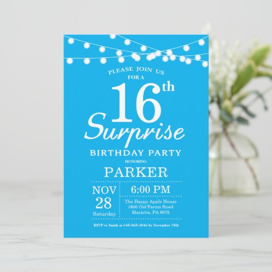 Surprise 16th Birthday Invitation Blue Kaart (Staand voorkant)