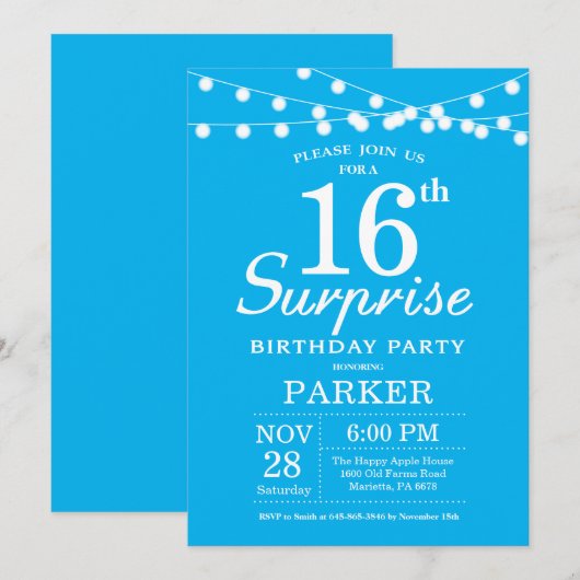 Surprise 16th Birthday Invitation Blue Kaart (Voorkant / Achterkant)