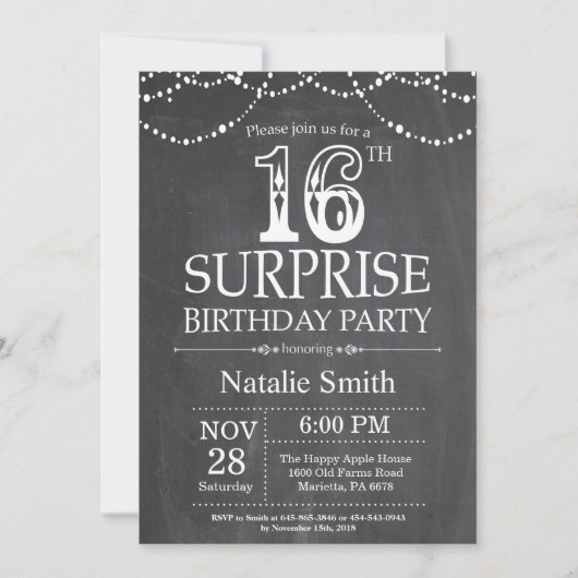 Surprise 16th Birthday Invitation Chalkboard Kaart (Voorkant)