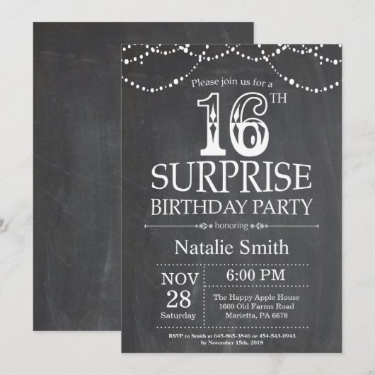 Surprise 16th Birthday Invitation Chalkboard Kaart (Voorkant / Achterkant)