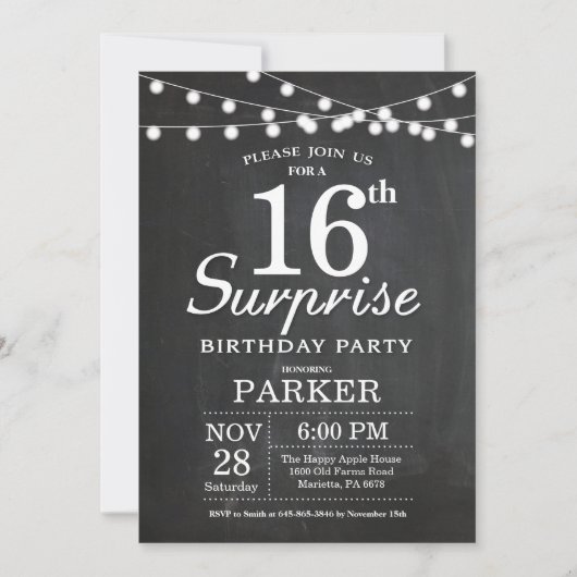 Surprise 16th Birthday Invitation Chalkboard Kaart (Voorkant)