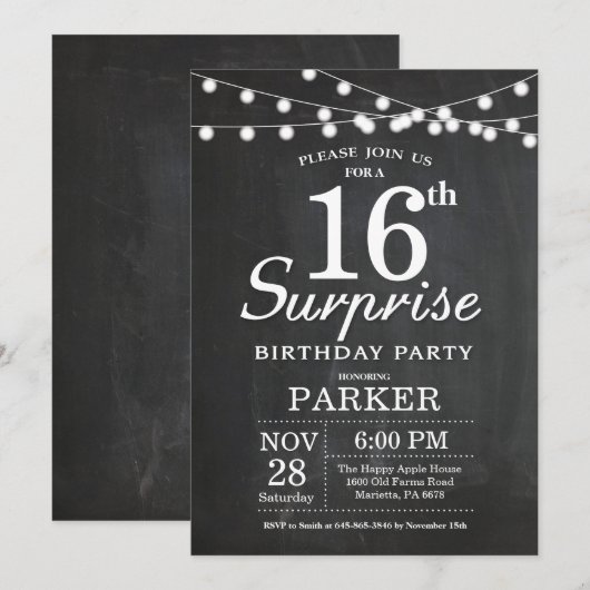 Surprise 16th Birthday Invitation Chalkboard Kaart (Voorkant / Achterkant)