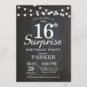 Surprise 16th Birthday Invitation Chalkboard Kaart
