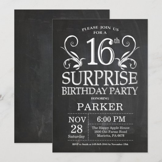Surprise 16th Birthday Invitation Chalkboard Kaart (Voorkant / Achterkant)