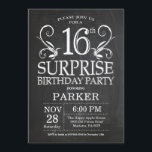 Surprise 16th Birthday Invitation Chalkboard Kaart<br><div class="desc">Verrassend 16e verjaardag Uitnodiging Chalkboard Achtergrond. 15e 16e 18e 21e 21e 30e 40e 60e 70e 90e 100e,  elke leeftijd. Volwassen verjaardag. Man Male Birthday Party. Voor verdere aanpassing,  te klikken gelieve de knoop "van de Aanpassing het"en ons ontwerphulpmiddel te gebruiken om deze sjabloon te wijzigen.</div>