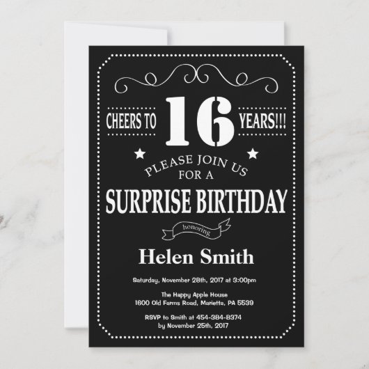 Surprise 16th Birthday Invitation Chalkboard Kaart (Voorkant)