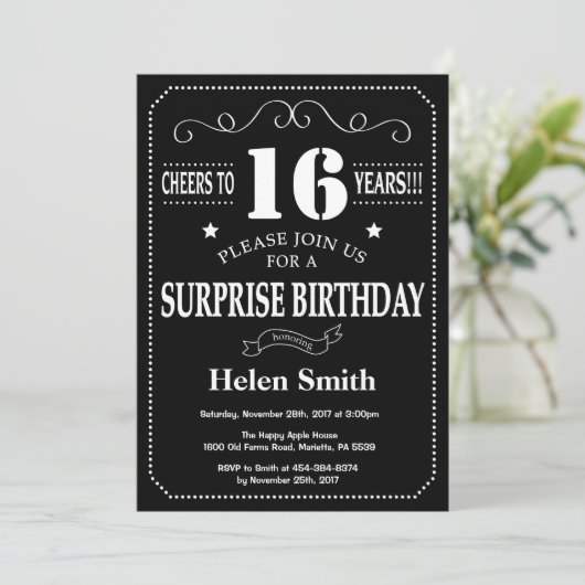 Surprise 16th Birthday Invitation Chalkboard Kaart (Staand voorkant)
