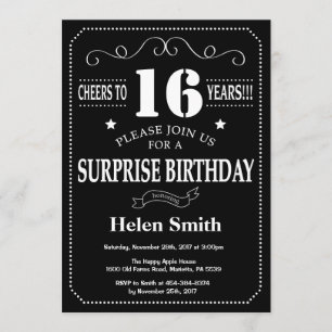 Surprise 16th Birthday Invitation Chalkboard Kaart