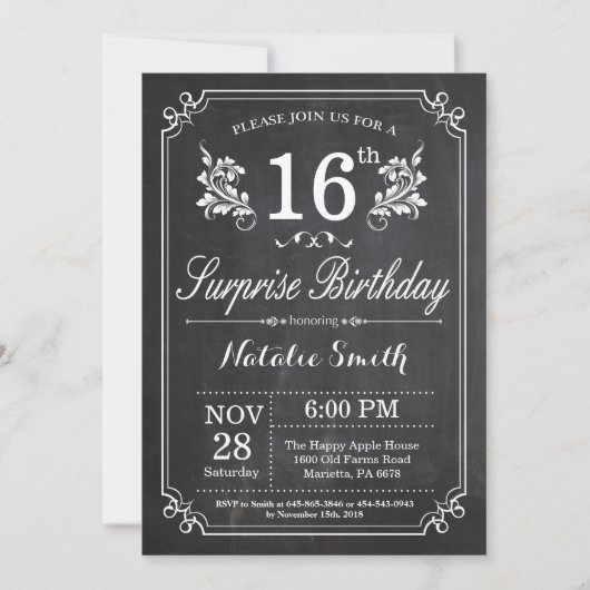 Surprise 16th Birthday Invitation Chalkboard Kaart (Voorkant)