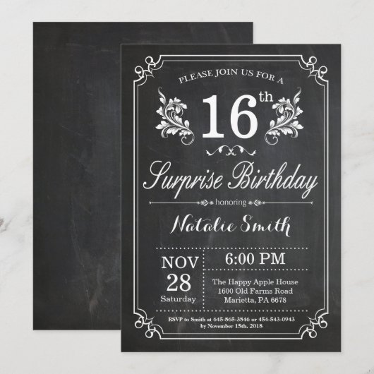 Surprise 16th Birthday Invitation Chalkboard Kaart (Voorkant / Achterkant)