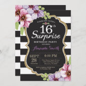 Surprise 16th Birthday Invitation Floral Gold Kaart (Voorkant / Achterkant)
