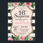 Surprise 16th Birthday Invitation Floral Kaart<br><div class="desc">Verrassend 16e verjaardag Uitnodiging voor tieners,  dame. Sweet Sixteen. Zwarte en gouden feestdag uitnodiging. Gold Glitter. Roze Waterverf bloem. Zwarte en witte strepen. Afdrukbaar digitaal. Voor verdere aanpassing,  te klikken gelieve de knoop "van de Aanpassing het"en ons ontwerphulpmiddel te gebruiken om deze sjabloon te wijzigen.</div>
