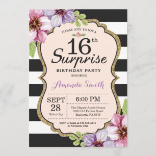 Surprise 16th Birthday Invitation Floral Teen Kaart