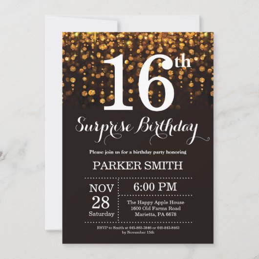 Surprise 16th Birthday Invitation Gold Glitter Kaart (Voorkant)