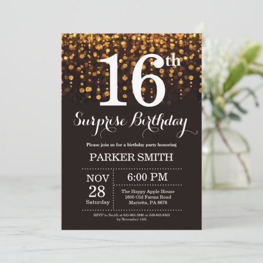 Surprise 16th Birthday Invitation Gold Glitter Kaart (Staand voorkant)