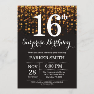 Surprise 16th Birthday Invitation Gold Glitter Kaart