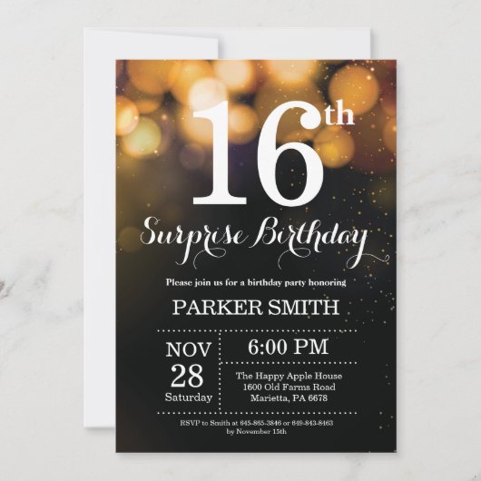 Surprise 16th Birthday Invitation Gold Glitter Kaart (Voorkant)