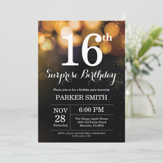 Surprise 16th Birthday Invitation Gold Glitter Kaart (Staand voorkant)