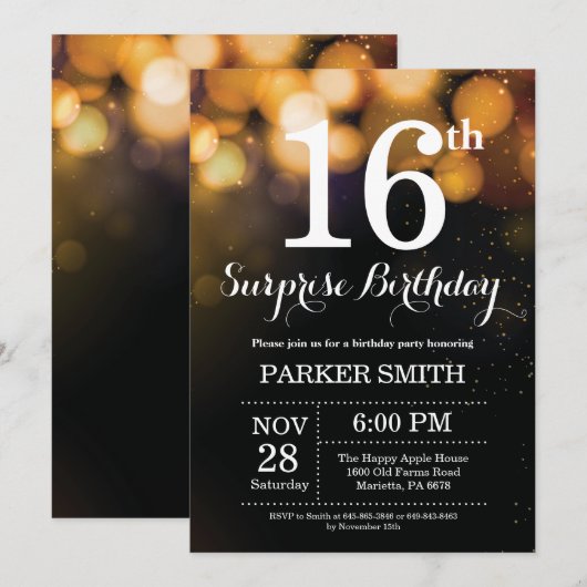 Surprise 16th Birthday Invitation Gold Glitter Kaart (Voorkant / Achterkant)