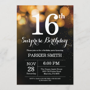 Surprise 16th Birthday Invitation Gold Glitter Kaart